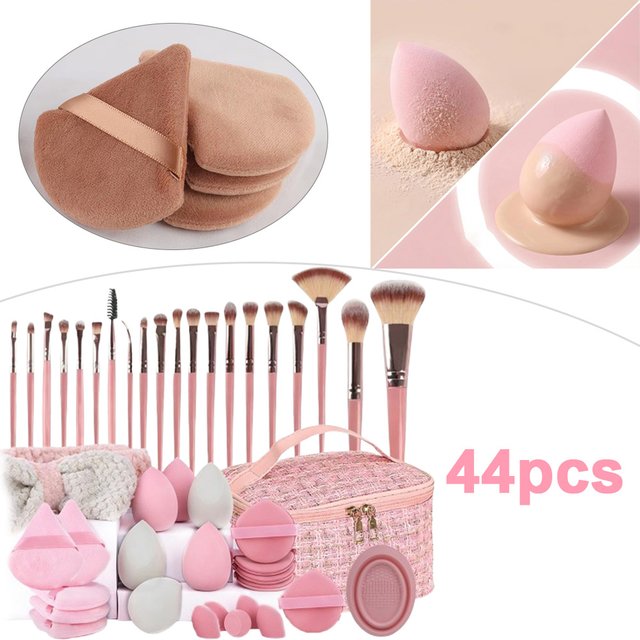 44Pcs Pink Makeup Brush Set with Cosmetic Bag, Complete Beauty Tools Kit Includes Foundation Brushes, Blending Sponges, Powder Puffs, Makeup Headband, Cleansing Pad, Travel Case for women Girls