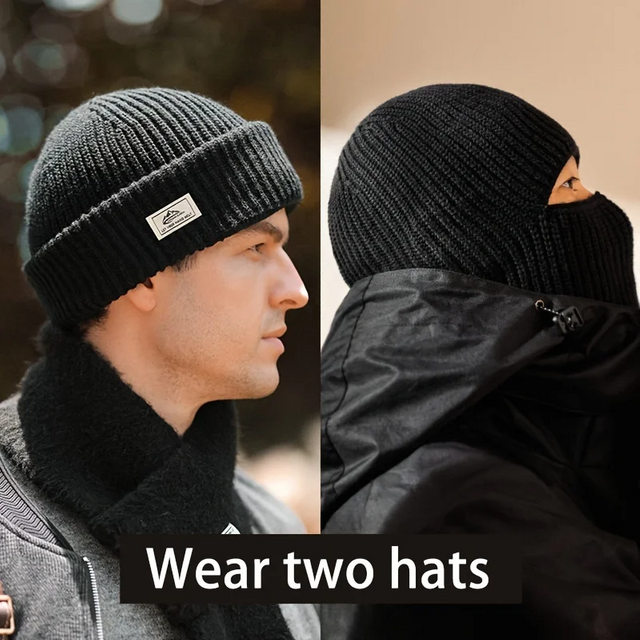 2 in1 Winter Knitted Balaclava Cap Windproof Warm Ski Beanies Men Women Tactical Cycling Running Earmuffs Cap Full Face Mask