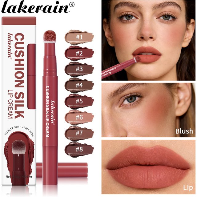 Lakerain 2-in-1 Lip Cream Powder Blusher Air Cushion Brush Design Deep Hydration Long-lasting Non Fading Lipstick Powder Blusher