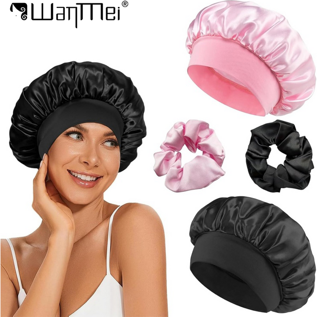 2pcs/set Satin Sleep Bonnet with Satin Scrunchies Wide Elastic Band Hair Bonnet Soft Night Cap Curly Long Straight Hair Care Kit