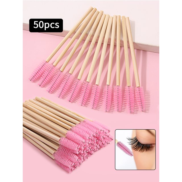 50Pcs Eyelash Brush Reuse Applicators Eyelash Extension Brush Supplies Makeup Tool Bamboo Handle Micro Spoolie Eyebrow Brush