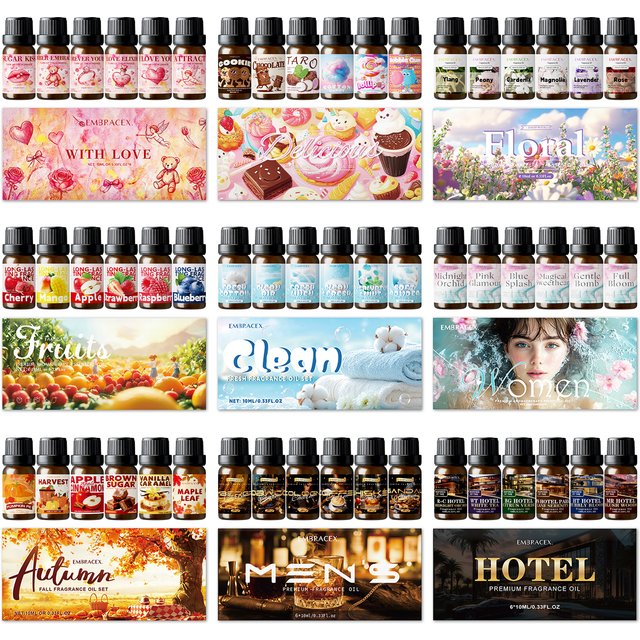 Ensemble cadeau de 6 huiles parfumées de 10 ml, senteurs fruitées délicieuses, parfum d'automne pour hôtel, huile aromatique au parfum chaleureux, cadeau de Noël, ensemble floral et propre.
