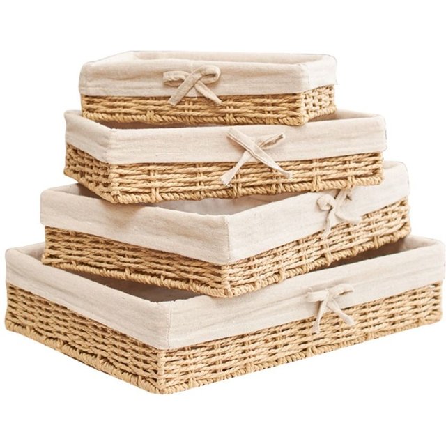 Rectangular Handmade Rattan Storage Baskets French Style Bow Weaving Storage Tray Reusable Bohemian Style Cosmetics Storage Box