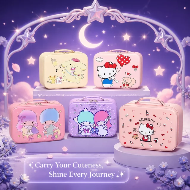 Sanrio Cosmetic Case Kuromi My Melody Cinnamoroll Hello Kitty Kawaii PU Leather Extra Large Makeup Bag With Mirror Storage