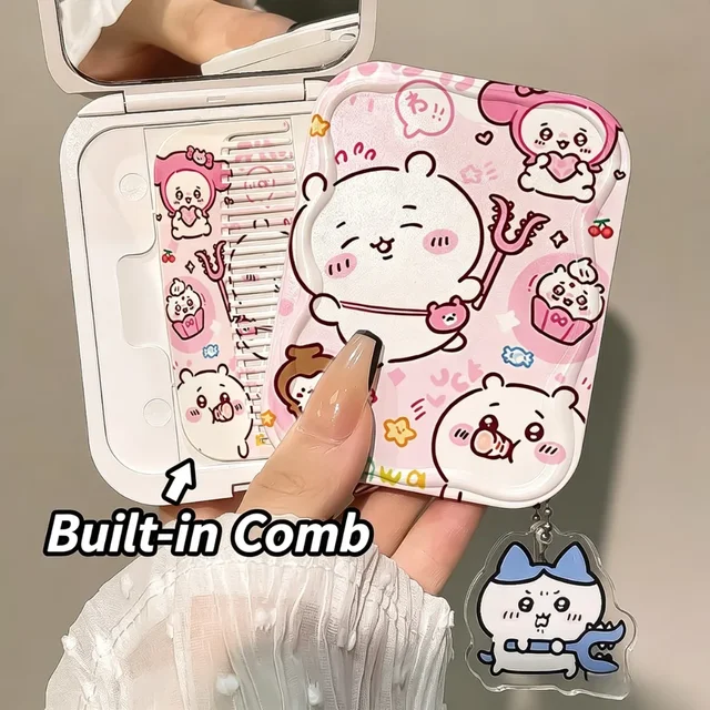 @Kawaii Chiikawa Portable Mirror Comb Anime Cartoon Hachiware Usagi Folding Mirror Mini Travel Makeup Hair Comb