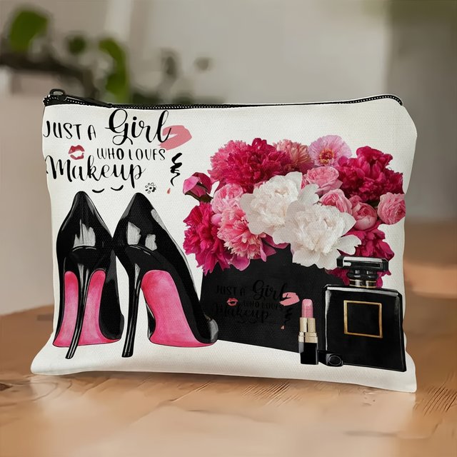 A Black high heel shoes perfume lipstick makeup bag - women's cute multifunctional zipper pouch
