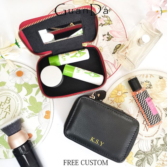 Custom Name Lady Cosmetic Box With Mirror Genuine Leather Luxury Woman Travel Portable Jewelry Case Personalized Lipstick Box