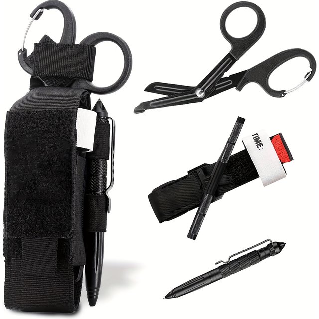 Ensembles de garrot 4 pièces, Kit de premiers secours, ensemble de survie pour garrot extérieur, sac Molle, ciseaux professionnels et stylo EDC