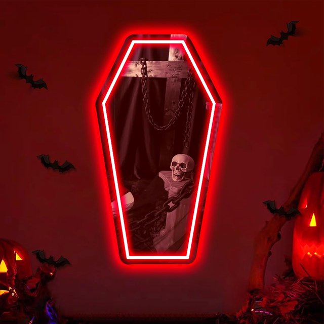 Coffin Mirror Neon Sign USB Dimmable Neon Light for Game Room Man Cave Whimsical Goth Home Decoration Gift Make-up Mirror