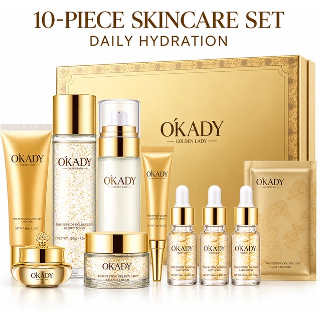 OKADY 10-Piece Peptide Skincare Set for women, Hydrating & Moisturizing Face Care Kit with Cleanser, Toner, Serum x3, Lotion, Eye Cream, Face Creams and Eye Mask, Daily Skin Care Routine in a Gold