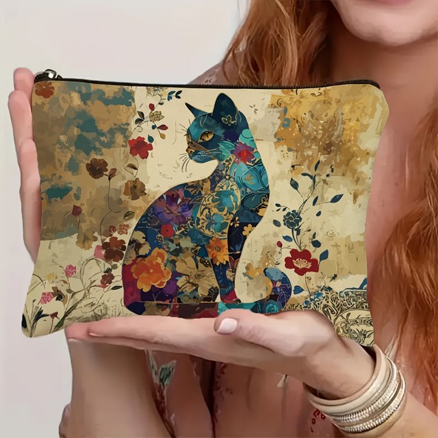 Lightweight Polyester Vibrant Floral Cat Pattern Makeup Bag with Zipper Travel Cosmetic Pouch for women, Artistic Design Flowers