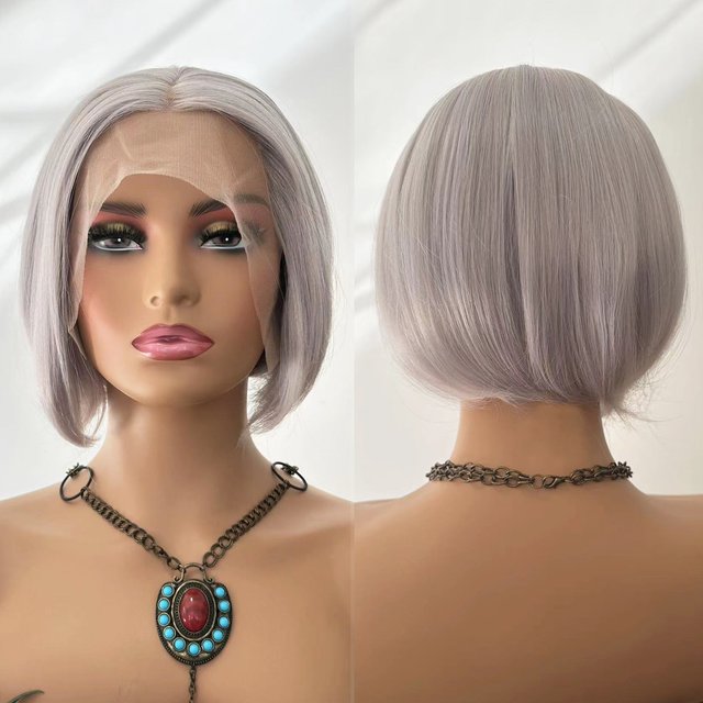 RONGDUOYI Sliver Gray Short Bob Synthetic Lace Front Wig Natural Hairline Heat Fiber Bob Wigs for women Daily Makeup Use