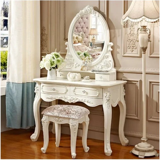 European Dressers Vanity Set Mirror White Makeup Desk with Drawers & Stool - Small Wood Dressing Table for Bedroom