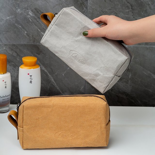 Eco Friendly Travel Cosmetic Organizer Bag,Waterproof Portable Tear Resistant Kraft Paper Makeup/Toiletry Pouch with Soft Lining