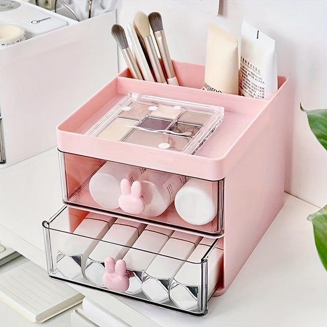 1pc Transparent Drawer Rabbit Handle Storage Box, Desk Office Stationery, Cosmetics, Eyebrow Pencil Brush, Glasses, Jewelry