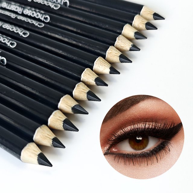 Crayon Eyeliner noir 12 pièces, stylo à tige en bois, Eye-Liner à crochet noir solide avec divers maquillage, Eyeliner, maquillage