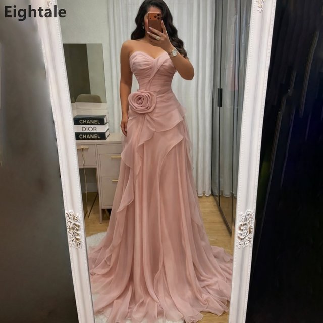 Eightale Blush Pink Sweetheart 3D Floral Ruffled Chiffon Tiered Prom Dresses Formal Evening Party Gowns Customized