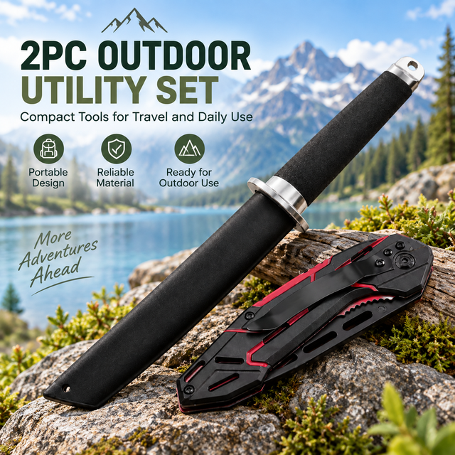 Ensemble utilitaire d'extérieur 2 pièces, comprenant un outil pliable de style technique noir-rouge et un outil à manche fixe noir avec étui de protection, outils auxiliaires EDC compacts et portables