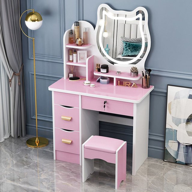 @#Wholesale Pink Dressing Table Modern High Quality Dresser Set Small Vanity Girl Designer Makeup Table Lighted Mirror Bedroom