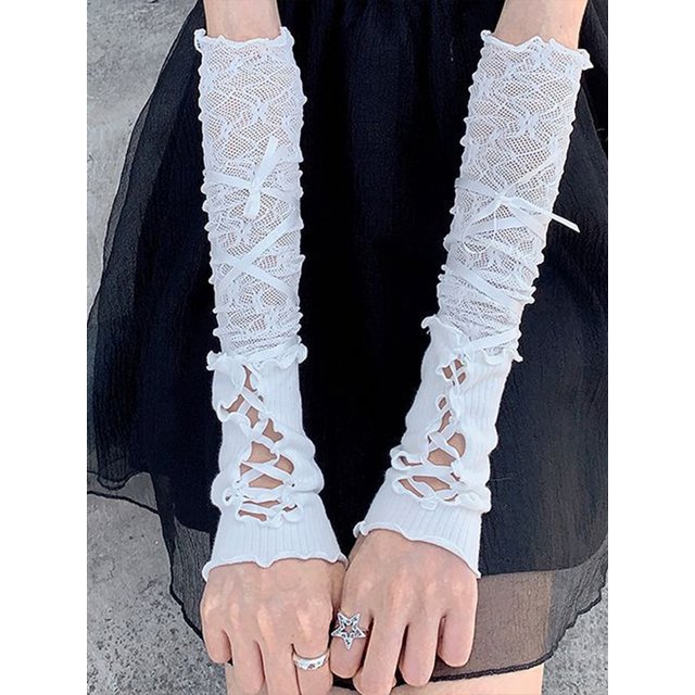 Lolita Strapping Bow Fishnet Lace Fingerless Glove JK Floral Elastic Mesh Sunscreen Handwear Sexy Oversleeve Gothic Handwear