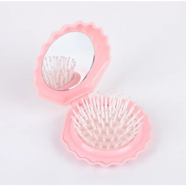 Foldable Hair Comb with Mirror Seashell shaped Massage Hair Brush Compact Size Travel Portable for women Girl Hair Styling Tools