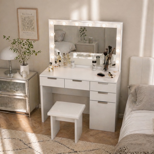 Elegant White Makeup Vanity Desk with Mirror and 10 Hollywood Bulbs, Large Vanity Table Set with Charging Station, Dressing Table with RGB Cabinets, Makeup Vanity Mirror with Light Desk and Drawers, 3