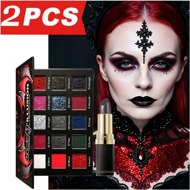 2 PCS Fifteen-color Gothic Rose Shimmer Eyeshadow and black lipstick, A Fine Glitter Non-removable Eyeshadow Palette