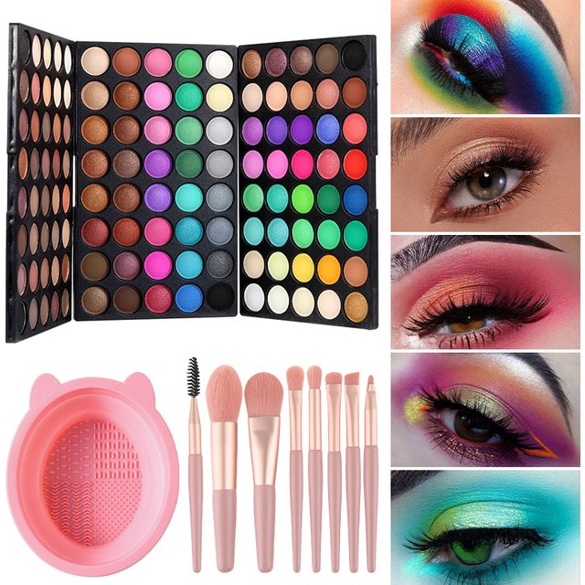 3pcs Makeup Kit, 120 Colors Eyeshadow Palette With 8Pcs Makeup Brushes & Foldable Silicone Brush Cleaning Bowl for Daily Parties