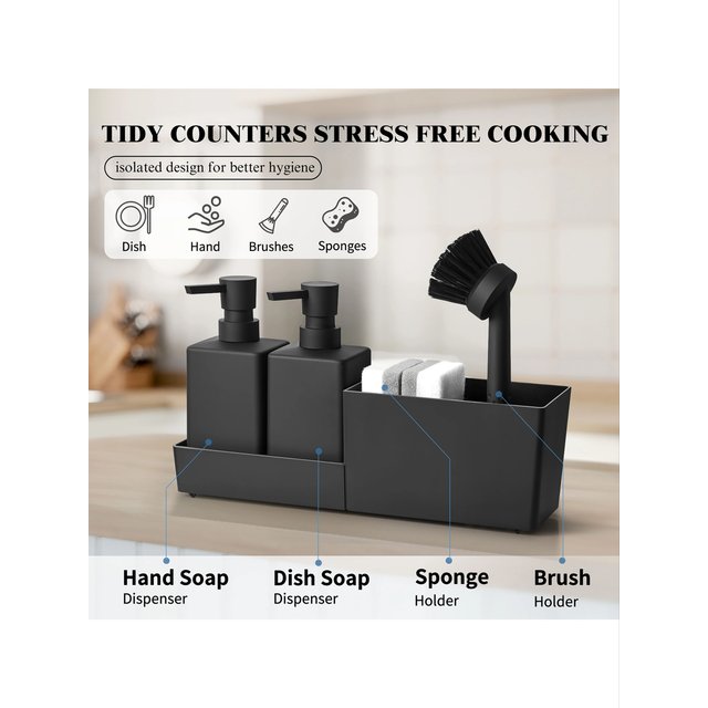 Kitchen Soap Dispenser Set with Sponge Holder and Brush for Sink Rack Hand Soap and Dish Soap Dispensers Black 4-in-1