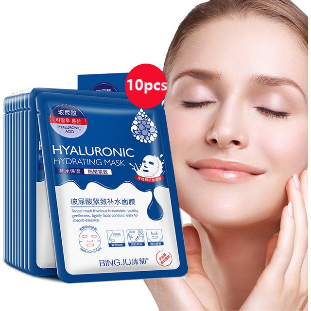 10 Pieces Hyaluronic Acid Facial Mask Sheet Pores Moisturizing Oil-Control Anti-Aging Replenishment Whitening Face Care
