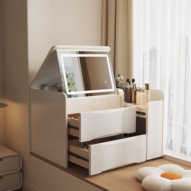 Foldable & Flip-Top White Makeup Desk with Mirror | Space-Saving Design for Small Bedrooms | Multifunctional Vanity Table