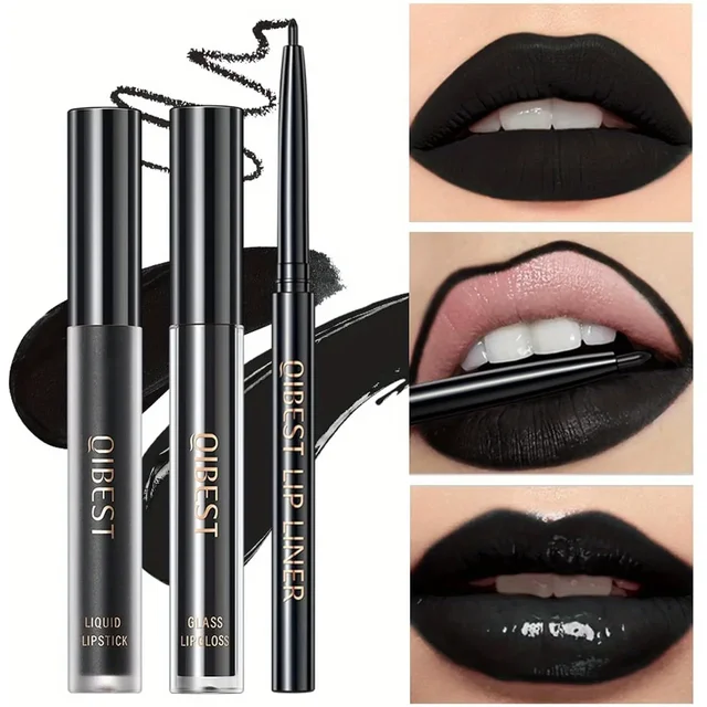 3 in 1 Lipstick and Lipliner Set, Long Lasting Waterproof Lip Stain Liquid Lipgloss Set for women Halloween Gothic Makeup