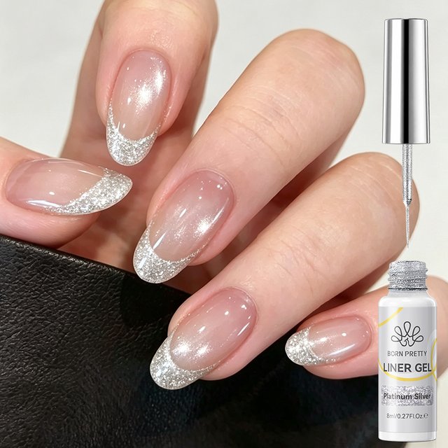 BORN PRETTY 8ml Platinum Silver Liner Gel Nail Polish Smooth Flexible Brush Glitter Color UV LED Painting Gel DIY Nail Drawing