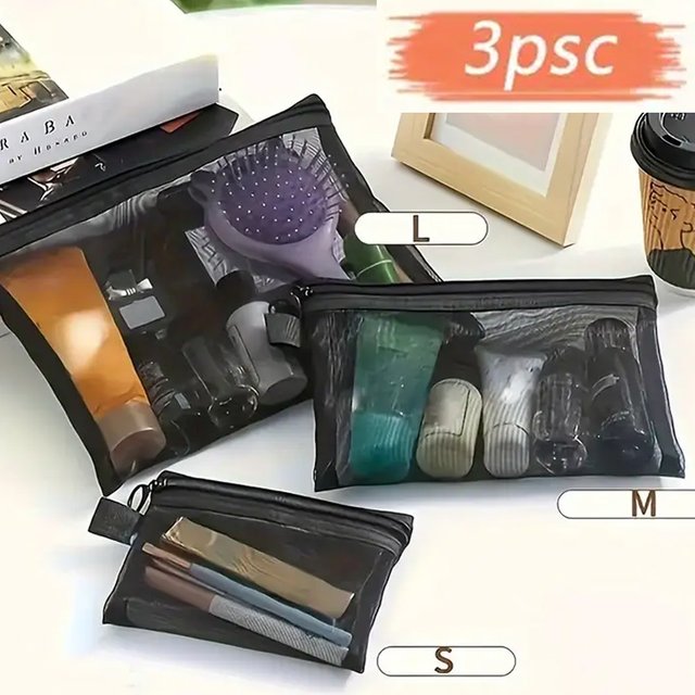 3pcs Black Nylon Mesh Cosmetic Bag Zipper Toiletry Organizer Makeup Bags Multifunctional Women Lipstick Key Coin Purse Pouch