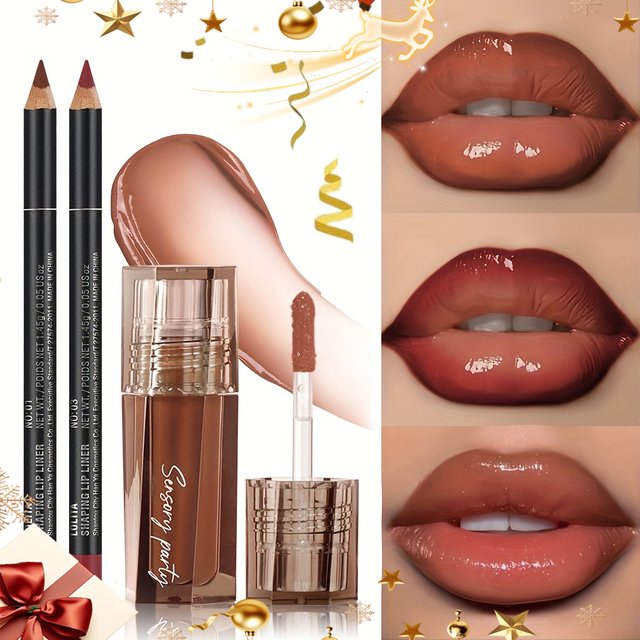 Moisturizing and Waterproof Lip Gloss and Lip Liner Pen Set, Non-Stick and Non-Stick Cup, Bright Makeup Effect, Christmas Gift