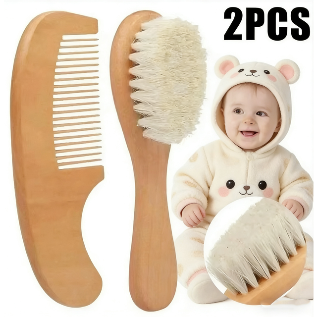 2PCS Newborn Wool Baby Wooden Brush Comb Newborn Hair Brush Infant Head Massager Portable Comb Hair Bath Brush Comb