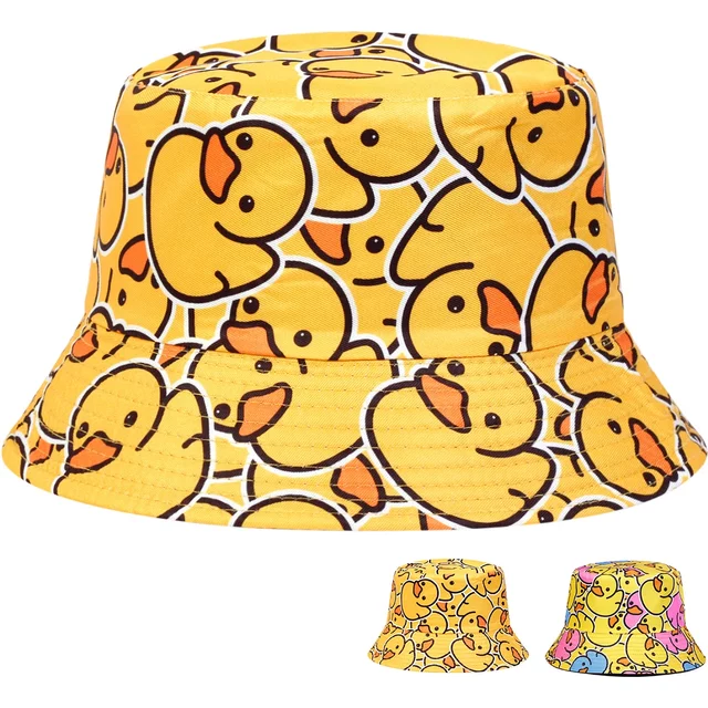 Unisex Duck Print Double-Sided Wearing Personality Bucket Hats Fishermen Caps Outdoor Casual Cap Sunscreen Hat