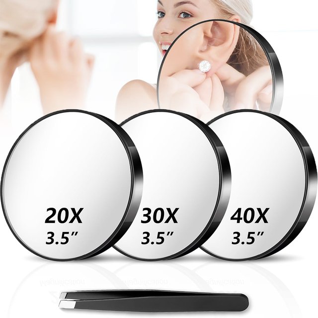 Magnifying Mirror Set (20X, 30X, 40X) 3.5" Compact Travel Mirrors with Tweezers & Suction Cups for Makeup, Brows & Ingrown Hair