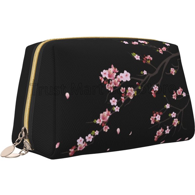 Japanese Sakura Cherry Blossoms Toiletry Bag Travel Cosmetic Bags Women Leather Makeup Storage Pouch Waterproof with Zipper Gift