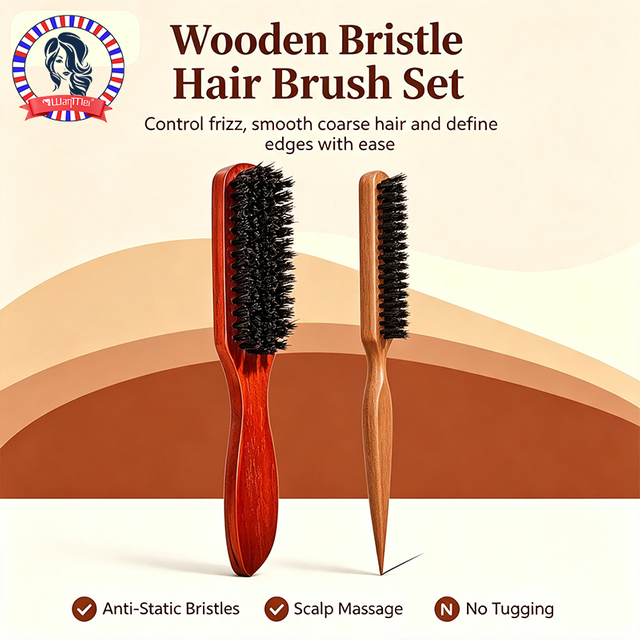 1/2-Pack Wooden Bristle Hair Brush Anti Static Massage No Tug Edge Control Frizz Tool for Coarse Curly Hair Salon Daily Use