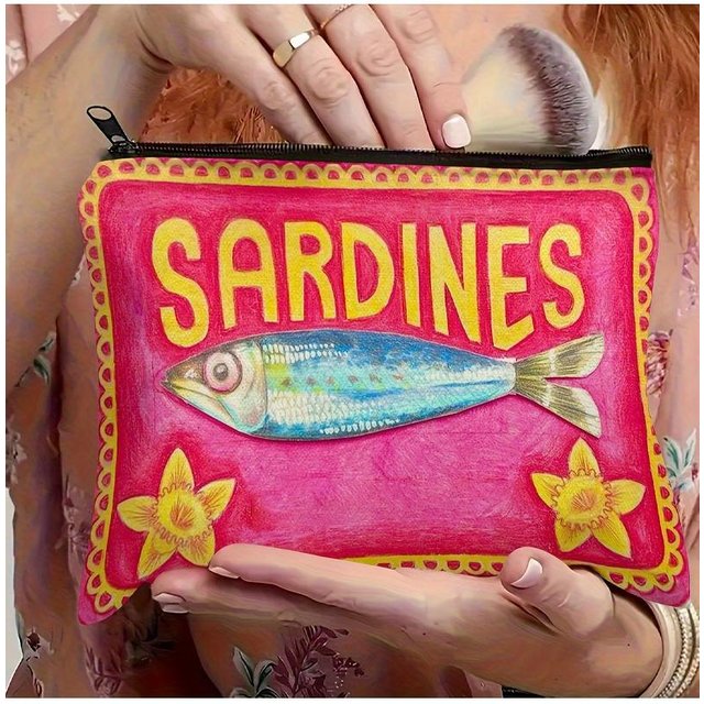1pc Vintage Sardines Makeup Bag Durable Fade Resistant Zipper Pouch with Whimsical Fish Floral Design