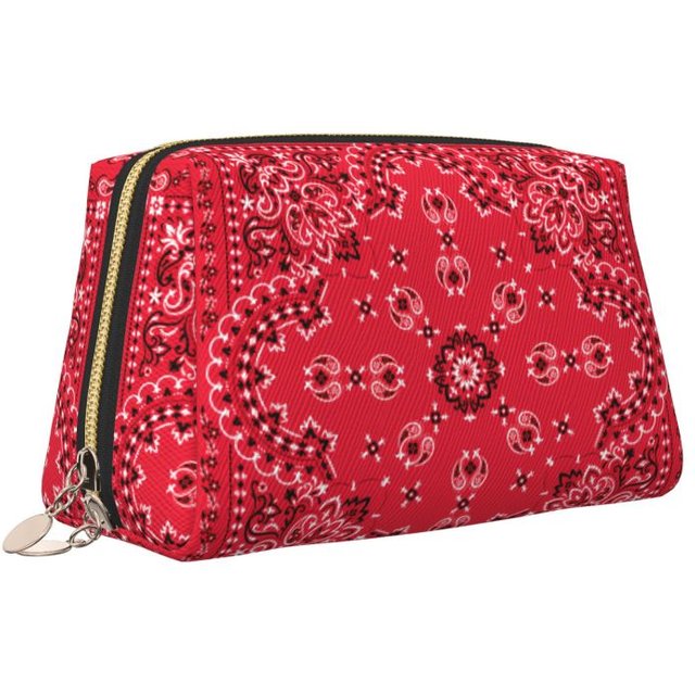 Ethnic Bohemia Red Black Paisley Bandana Leather Makeup Bag Women Travel Toiletry Pouch Cosmetic Bags Portable Storage Bag Gifts