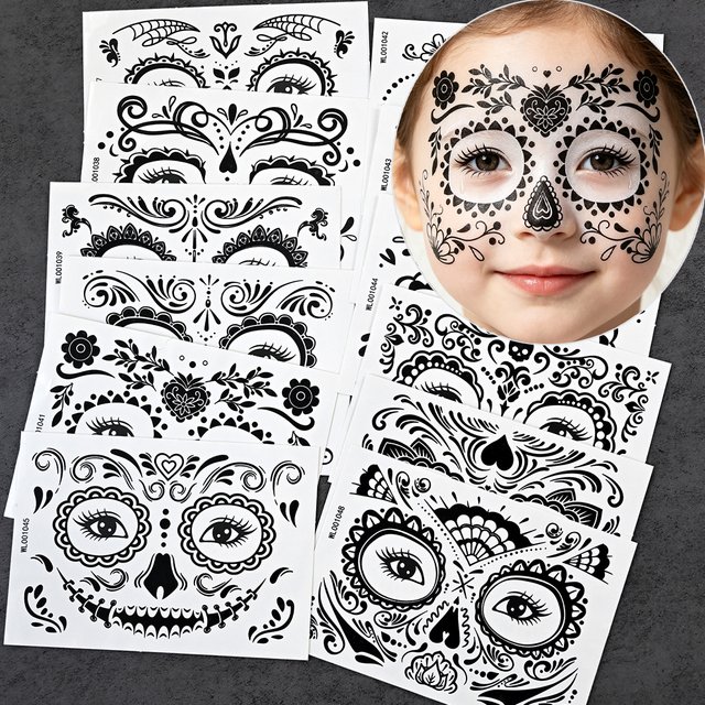 12pcs Halloween Temporary Tattoos Sticker Day Of The Dead Face Tattoos Skull Waterproof Tattoos Sticker Party Makeup Body Decals