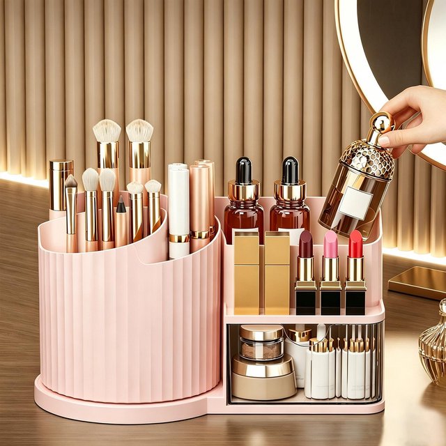 Large Capacity Rotating Makeup Organizer with Drawer Countertop Skincare Storage for Bathroom Dorm and Dressing Table