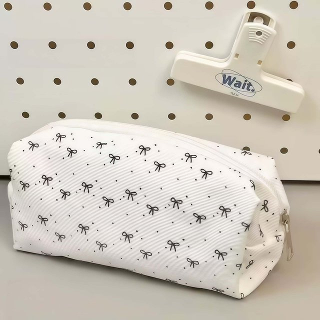 Bow Print Pencil Case, Large‑capacity White Zipper Pouch, Portable Stationery & Cosmetic Storage Bag for Daily Use
