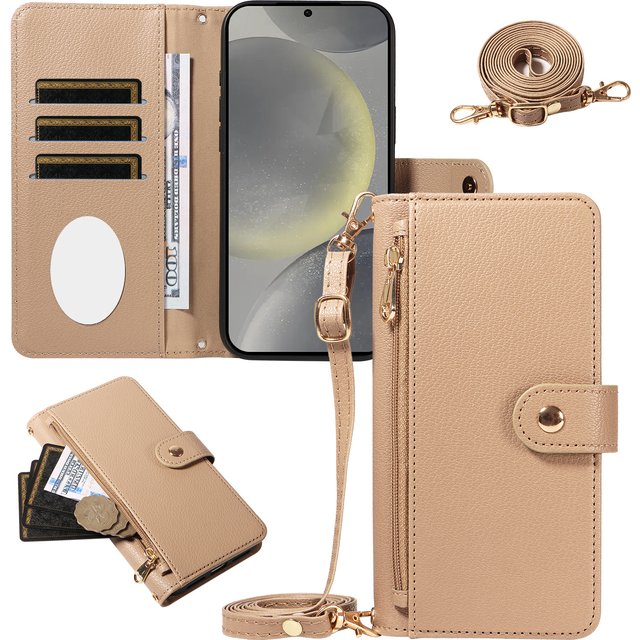 For Samsung A56/A55/A54/A53/A52/A17/A16/A15/A14 Protective Case Zipper Wallet Phone Case with Makeup Mirror Crossbody Bag Faux Leather Protective Cover