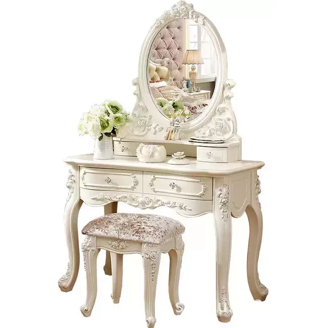 European Dressers Vanity Set Mirror White Makeup Desk with Drawers & Stool - Small Wood Dressing Table for Bedroom