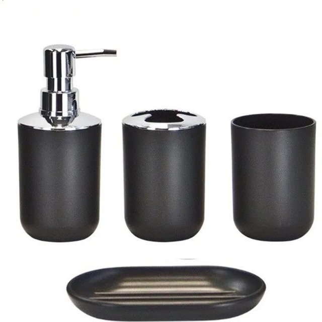 4pcs Bathroom Set, Plastic Gift Set, Toothbrush Holder, Toothbrush Cup, Soap Dispenser, Soap Dish (Gray, Black)
