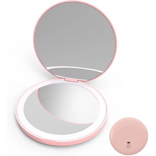 Pocket LED Makeup Mirror Round Portable Folding Small with Light Travel Handheld Cosmetic Compact 2X Magnifying Lighted Mirror