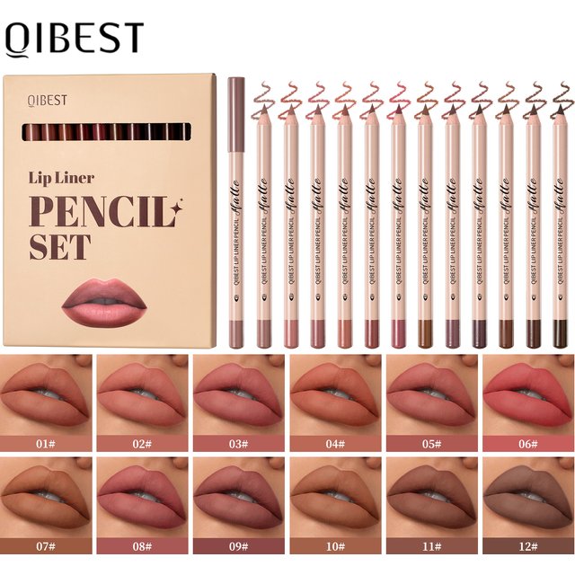 QIBEST 12 Colors Matte Lipstick Lipliner Pen Makeup Sets Waterproof Lasting Lip Liner Pencil Contour Lipstick Pen Lip Cosmetics